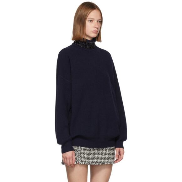 Alexander Wang Navy Blue Crystal Collar Wool Turtleneck Sweater Size L